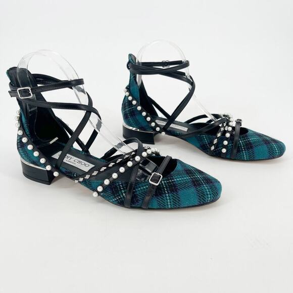 Jimmy Choo Celestia 25 Peacock Tartan Silver Studded Pearl Ballet Flat IT 37.5 - Picture 1 of 13